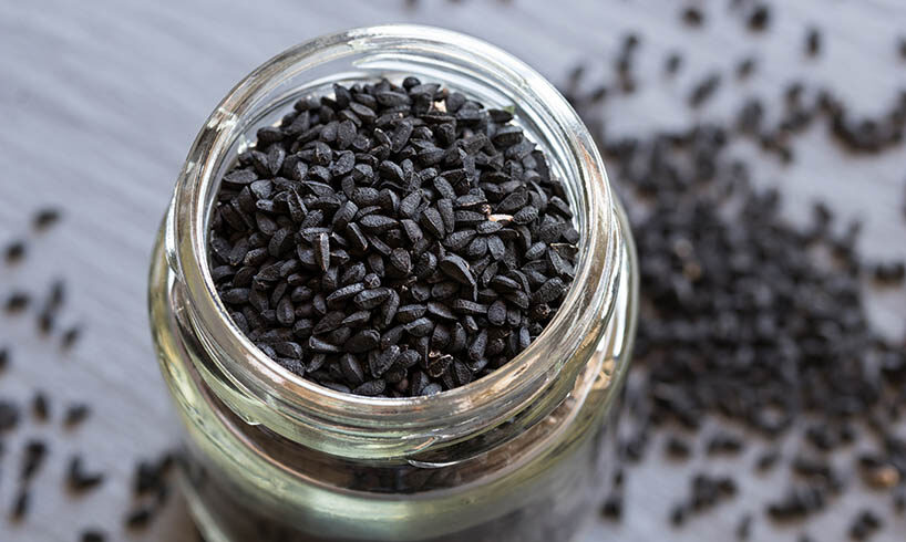 black cumin seeds in a glass jar